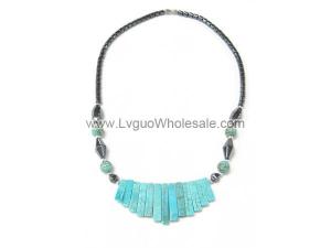 Turquoise Beads and Hematite Chunky Statement Bib Short Necklace